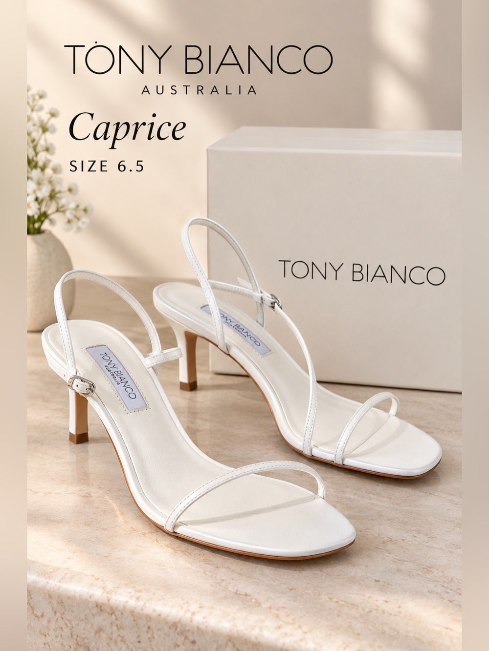 Tony Bianco Caprice White Kid Leather Strappy Heeled Sandals Size 6.5 NIB